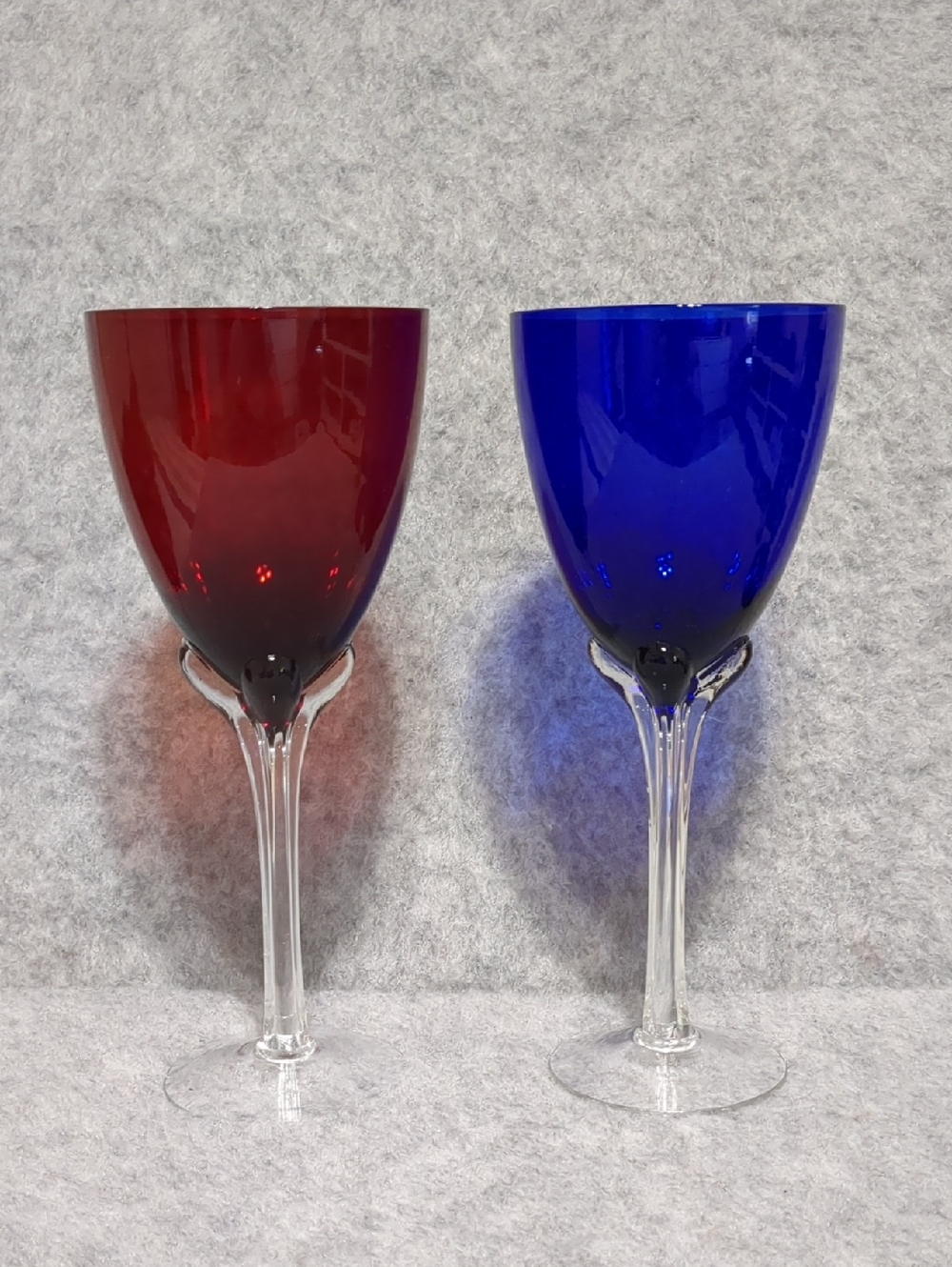 VTG Murano Rubi Red & Cobalt Blue Italian Wine 2Glasses Tulip Stemmed Hand Blown